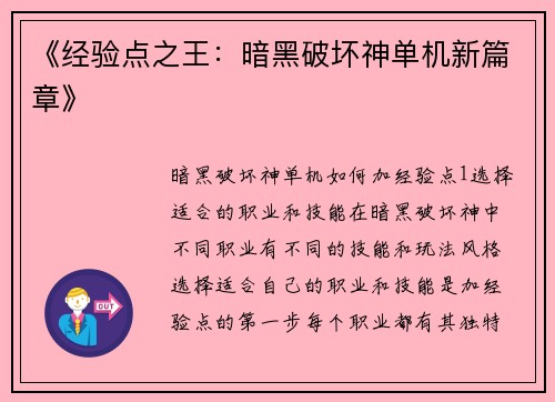 《经验点之王：暗黑破坏神单机新篇章》