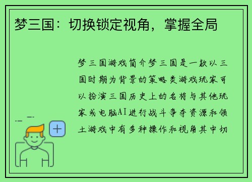 梦三国：切换锁定视角，掌握全局
