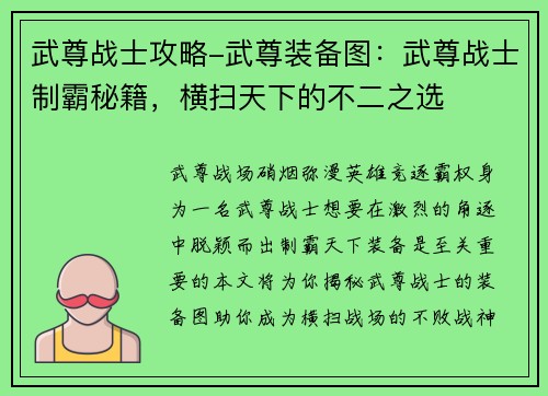 武尊战士攻略-武尊装备图：武尊战士制霸秘籍，横扫天下的不二之选