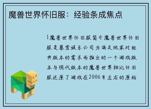 魔兽世界怀旧服：经验条成焦点